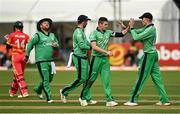 8 September 2021; Josh Little of Ireland is congratulated by team-mate Harry Tector, right after claiming the wicket of Zimbabwe's Sean Williams during match one of the Dafanews International Cup ODI series between Ireland and Zimbabwe at Stormont in Belfast. Photo by Seb Daly/Sportsfile