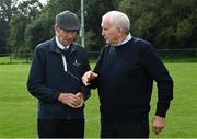 8 September 2021; Mícheál Ó Muircheartaigh with former Kerry footballer Pat McCarthy, right, at UCD during the reunion of club and intercounty GAA players trained by Mícheál Ó Muircheartaigh as part of a training group of Dublin based players in the 1970, '80's and '90's at UCD in Belfield, Dublin. Photo by Piaras Ó Mídheach/Sportsfile