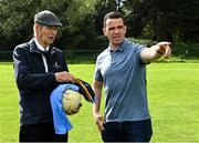 8 September 2021; Mícheál Ó Muircheartaigh with UCD Gaelic Games Executive Ger Brennan at UCD during the reunion of club and intercounty GAA players trained by Mícheál Ó Muircheartaigh as part of a training group of Dublin based players in the 1970, '80's and '90's at UCD in Belfield, Dublin. Photo by Piaras Ó Mídheach/Sportsfile