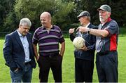 8 September 2021; Mícheál Ó Muircheartaigh, second from right, with, from left, former Mayo footballer Kevin McStay, former Kerry footballer Jack O'Shea and former Dublin footballer Brian Mullins at UCD during the reunion of club and intercounty GAA players trained by Mícheál Ó Muircheartaigh as part of a training group of Dublin based players in the 1970, '80's and '90's at UCD in Belfield, Dublin. Photo by Piaras Ó Mídheach/Sportsfile