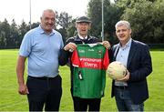 8 September 2021; Mícheál Ó Muircheartaigh with former Mayo footballers Tom Byrne, left, and Kevin McStay at UCD during the reunion of club and intercounty GAA players trained by Mícheál Ó Muircheartaigh as part of a training group of Dublin based players in the 1970, '80's and '90's at UCD in Belfield, Dublin. Photo by Piaras Ó Mídheach/Sportsfile