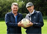 8 September 2021; Mick Spillane of Kerry, left, with Mícheál Ó Muircheartaigh at UCD during the reunion of club and intercounty GAA players trained by Mícheál Ó Muircheartaigh as part of a training group of Dublin based players in the 1970, '80's and '90's at UCD in Belfield, Dublin. Photo by Piaras Ó Mídheach/Sportsfile