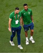7 September 2021; Shane Duffy, left, and Cyrus Christie of Republic of Ireland before the FIFA World Cup 2022 qualifying group A match between Republic of Ireland and Serbia at the Aviva Stadium in Dublin. Photo by Ben McShane/Sportsfile