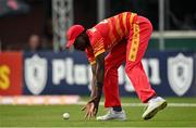 8 September 2021; Blessing Muzarabani of Zimbabwe fields the ball during match one of the Dafanews International Cup ODI series between Ireland and Zimbabwe at Stormont in Belfast. Photo by Seb Daly/Sportsfile