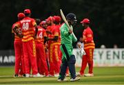 8 September 2021; Andrew McBrine of Ireland departs after being caught by Zimbabwe wicketkeeper Regis Chakabva during match one of the Dafanews International Cup ODI series between Ireland and Zimbabwe at Stormont in Belfast. Photo by Seb Daly/Sportsfile