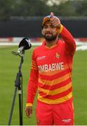 8 September 2021; Player of the Match Sikandar Raza of Zimbabwe after his side's victory over Ireland in match one of the Dafanews International Cup ODI series at Stormont in Belfast. Photo by Seb Daly/Sportsfile