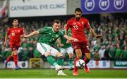 8 September 2021; Shayne Lavery of Northern Ireland has a shot on goal during the FIFA World Cup 2022 qualifying group C match between Northern Ireland and Switzerland at National Football Stadium at Windsor Park in Belfast. Photo by Stephen McCarthy/Sportsfile