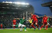 8 September 2021; Shayne Lavery of Northern Ireland in action against Nico Elvedi of Switzerland during the FIFA World Cup 2022 qualifying group C match between Northern Ireland and Switzerland at National Football Stadium at Windsor Park in Belfast. Photo by Stephen McCarthy/Sportsfile