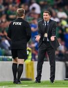 8 September 2021; Northern Ireland manager Ian Baraclough remonstrates with fourth official Markus Hameter during the FIFA World Cup 2022 qualifying group C match between Northern Ireland and Switzerland at National Football Stadium at Windsor Park in Belfast. Photo by Stephen McCarthy/Sportsfile