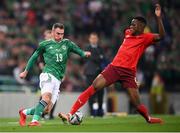 8 September 2021; Michael Smith of Northern Ireland in action against Denis Zakaria of Switzerland during the FIFA World Cup 2022 qualifying group C match between Northern Ireland and Switzerland at National Football Stadium at Windsor Park in Belfast. Photo by Stephen McCarthy/Sportsfile