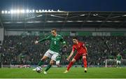 8 September 2021; Steven Davis of Northern Ireland in action against Ruben Vargas of Switzerland during the FIFA World Cup 2022 qualifying group C match between Northern Ireland and Switzerland at National Football Stadium at Windsor Park in Belfast. Photo by Stephen McCarthy/Sportsfile