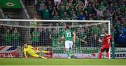 8 September 2021; Northern Ireland goalkeeper Bailey Peacock-Farrell saves the penalty of Haris Seferovic of Switzerland during the FIFA World Cup 2022 qualifying group C match between Northern Ireland and Switzerland at National Football Stadium at Windsor Park in Belfast. Photo by Stephen McCarthy/Sportsfile