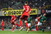 8 September 2021; Remo Freuler of Switzerland has a shot on goal despite the attention of Ciaron Brown of Northern Ireland during the FIFA World Cup 2022 qualifying group C match between Northern Ireland and Switzerland at National Football Stadium at Windsor Park in Belfast. Photo by Stephen McCarthy/Sportsfile