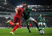 8 September 2021; Ciaron Brown of Northern Ireland in action against Andi Zeqiri of Switzerland during the FIFA World Cup 2022 qualifying group C match between Northern Ireland and Switzerland at National Football Stadium at Windsor Park in Belfast. Photo by Stephen McCarthy/Sportsfile