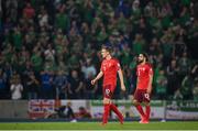 8 September 2021; Michel Aebischer, left, and Ricardo Rodríguez of Switzerland leave the pitch after their side's draw in the FIFA World Cup 2022 qualifying group C match between Northern Ireland and Switzerland at National Football Stadium at Windsor Park in Belfast. Photo by Stephen McCarthy/Sportsfile