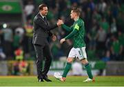 8 September 2021; Northern Ireland manager Ian Baraclough, left, and Steven Davis of Northern Ireland after their side's draw in the FIFA World Cup 2022 qualifying group C match between Northern Ireland and Switzerland at National Football Stadium at Windsor Park in Belfast. Photo by Stephen McCarthy/Sportsfile