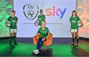 9 September 2021; A landmark partnership between Sky and the FAI has been announced today, which sees Sky becoming the first-ever, stand-alone Primary Partner of the Republic of Ireland Women's National Team. The four-year partnership means Sky will be Primary Partner of the Women's National Team through two major tournaments – the 2023 FIFA Women's World Cup in Australia / New Zealand and the 2025 UEFA Women's Championship. Pictured at the partnership announcement is Republic of Ireland Women’s national team manager Vera Pauw with players, from left, Ciara Grant, Rianna Jarrett and Jessica Ziu. Photo by Brendan Moran/Sportsfile