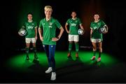 9 September 2021; A landmark partnership between Sky and the FAI has been announced today, which sees Sky becoming the first-ever, stand-alone Primary Partner of the Republic of Ireland Women's National Team. The four-year partnership means Sky will be Primary Partner of the Women's National Team through two major tournaments – the 2023 FIFA Women's World Cup in Australia / New Zealand and the 2025 UEFA Women's Championship. Pictured at the partnership announcement is Republic of Ireland Women’s national team manager Vera Pauw with players, from left, Ciara Grant, Rianna Jarrett and Jessica Ziu. Photo by Brendan Moran/Sportsfile