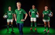 9 September 2021; A landmark partnership between Sky and the FAI has been announced today, which sees Sky becoming the first-ever, stand-alone Primary Partner of the Republic of Ireland Women's National Team. The four-year partnership means Sky will be Primary Partner of the Women's National Team through two major tournaments – the 2023 FIFA Women's World Cup in Australia / New Zealand and the 2025 UEFA Women's Championship. Pictured at the partnership announcement is Republic of Ireland Women’s national team manager Vera Pauw with players, from left, Ciara Grant, Rianna Jarrett and Jessica Ziu. Photo by Brendan Moran/Sportsfile