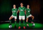 9 September 2021; A landmark partnership between Sky and the FAI has been announced today, which sees Sky becoming the first-ever, stand-alone Primary Partner of the Republic of Ireland Women's National Team. The four-year partnership means Sky will be Primary Partner of the Women's National Team through two major tournaments – the 2023 FIFA Women's World Cup in Australia / New Zealand and the 2025 UEFA Women's Championship. Pictured at the partnership announcement Republic of Ireland Women’s national team players, from left, Ciara Grant, Rianna Jarrett and Jessica Ziu. Photo by Brendan Moran/Sportsfile