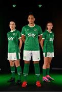 9 September 2021; A landmark partnership between Sky and the FAI has been announced today, which sees Sky becoming the first-ever, stand-alone Primary Partner of the Republic of Ireland Women's National Team. The four-year partnership means Sky will be Primary Partner of the Women's National Team through two major tournaments – the 2023 FIFA Women's World Cup in Australia / New Zealand and the 2025 UEFA Women's Championship. Pictured at the partnership announcement Republic of Ireland Women’s national team players, from left, Ciara Grant, Rianna Jarrett and Jessica Ziu. Photo by Brendan Moran/Sportsfile