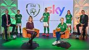 9 September 2021; A landmark partnership between Sky and the FAI has been announced today, which sees Sky becoming the first-ever, stand-alone Primary Partner of the Republic of Ireland Women's National Team. The four-year partnership means Sky will be Primary Partner of the Women's National Team through two major tournaments – the 2023 FIFA Women's World Cup in Australia / New Zealand and the 2025 UEFA Women's Championship. Pictured at the partnership announcement are, from left, Sky Ireland CEO JD Buckley, Ciara Grant, Sky Ireland Chief Commercial Officer Orlaith Ryan, Rianna Jarrett, Republic of Ireland Women's national team manager Vera Pauw and Jessica Ziu and FAI CEO, Jonathan Hill. Photo by Brendan Moran/Sportsfile