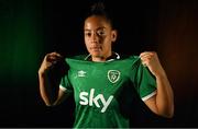 9 September 2021; A landmark partnership between Sky and the FAI has been announced today, which sees Sky becoming the first-ever, stand-alone Primary Partner of the Republic of Ireland Women's National Team. The four-year partnership means Sky will be Primary Partner of the Women's National Team through two major tournaments – the 2023 FIFA Women's World Cup in Australia / New Zealand and the 2025 UEFA Women's Championship. Pictured at the partnership announcement is Republic of Ireland Women’s national team player Rianna Jarrett. Photo by Brendan Moran/Sportsfile