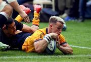 9 September 2021; Craig Gilroy of Ulster scores a try during the Pre-Season Friendly match between Saracens and Ulster at Honourable Artillery Company Grounds in London, England. Photo by John Dickson/Sportsfile