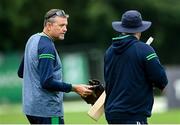 10 September 2021; Ireland head coach Graham Ford, left, in conversation with Paul Stirling before match two of the Dafanews International Cup ODI series between Ireland and Zimbabwe at Stormont in Belfast. Photo by Ramsey Cardy/Sportsfile