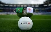 10 September 2021; The official match ball with the Mayo and Tyrone jerseys and the Sam Maguire Cup ahead of the GAA Football All-Ireland Senior Championship Final between Mayo and Tyrone at Croke Park in Dublin. Photo by Brendan Moran/Sportsfile