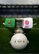 10 September 2021; The Sam Maguire Cup with the Mayo and Tyrone jerseys and official match ball ahead of the GAA Football All-Ireland Senior Championship Final between Mayo and Tyrone at Croke Park in Dublin. Photo by Brendan Moran/Sportsfile