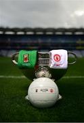 10 September 2021; The Sam Maguire Cup with the Mayo and Tyrone jerseys and official match ball ahead of the GAA Football All-Ireland Senior Championship Final between Mayo and Tyrone at Croke Park in Dublin. Photo by Brendan Moran/Sportsfile