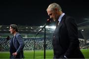 8 September 2021; Switzerland manager Murat Yakin, left, and Pierluigi Tami, Switzerland director of national teams, following the FIFA World Cup 2022 qualifying group C match between Northern Ireland and Switzerland at National Football Stadium at Windsor Park in Belfast. Photo by Stephen McCarthy/Sportsfile