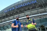 10 September 2021; Leinster supporters Gavin, left, and Bryan Agar arrive at Aviva Stadium before the Bank of Ireland Pre-Season Friendly match between Leinster and Harlequins in Dublin. Photo by Brendan Moran/Sportsfile