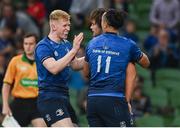 10 September 2021; Conor O'Brien of Leinster, centre, celebrates after scoring his side's first try with team-mates Jamie Osborne James Lowe during the Bank of Ireland Pre-Season Friendly match between Leinster and Harlequins at Aviva Stadium in Dublin. Photo by Harry Murphy/Sportsfile