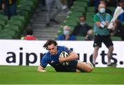 10 September 2021; Conor O'Brien of Leinster dives over to score his side's first try during the Bank of Ireland Pre-Season Friendly match between Leinster and Harlequins at Aviva Stadium in Dublin. Photo by Harry Murphy/Sportsfile
