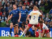 10 September 2021; Leinster players, from left, Scott Penny and Jonathan Sexton react as Chris Cosgrave of Leinster goes down injured during the Bank of Ireland Pre-Season Friendly match between Leinster and Harlequins at Aviva Stadium in Dublin. Photo by Harry Murphy/Sportsfile