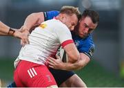 10 September 2021; Peter Dooley of Leinster in action against Alex Dombrandt of Harlequins during the Bank of Ireland Pre-Season Friendly match between Leinster and Harlequins at Aviva Stadium in Dublin. Photo by Harry Murphy/Sportsfile