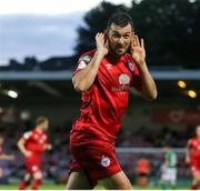 10 September 2021; Ryan Brennan of Shelbourne celebrates after scoring his side's first goal during the SSE Airtricity League First Division match between Cork City and Shelbourne at Turner Cross in Cork. Photo by Michael P Ryan/Sportsfile
