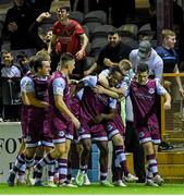 10 September 2021; Jordan Adeyemo of Drogheda United is congratulated by his team-mates after scoring his side's third goal during the SSE Airtricity League Premier Division match between Drogheda United and Bohemians at United Park in Drogheda, Louth. Photo by Matt Browne/Sportsfile