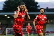 10 September 2021; Ryan Brennan of Shelbourne celebrates after scoring his side's first goal during the SSE Airtricity League First Division match between Cork City and Shelbourne at Turner Cross in Cork. Photo by Michael P Ryan/Sportsfile