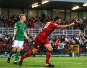 10 September 2021; Ryan Brennan of Shelbourne celebrates after scoring his side's first goal during the SSE Airtricity League First Division match between Cork City and Shelbourne at Turner Cross in Cork. Photo by Michael P Ryan/Sportsfile