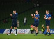 10 September 2021; Leinster players, from left, Jonathan Sexton, James Lowe and Dan Sheehan applaud supporters after the Bank of Ireland Pre-Season Friendly match between Leinster and Harlequins at Aviva Stadium in Dublin. Photo by Harry Murphy/Sportsfile