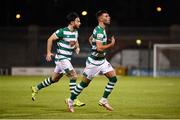 10 September 2021; Danny Mandroiu of Shamrock Rovers celebrates after scoring his side's first goal, with team-mate Richie Towell, left, during the SSE Airtricity League Premier Division match between Shamrock Rovers and Waterford at Tallaght Stadium in Dublin. Photo by Stephen McCarthy/Sportsfile