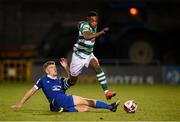 10 September 2021; Aidomo Emakhu of Shamrock Rovers in action against Cameron Evans of Waterford during the SSE Airtricity League Premier Division match between Shamrock Rovers and Waterford at Tallaght Stadium in Dublin. Photo by Stephen McCarthy/Sportsfile