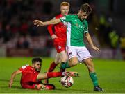 10 September 2021; Aaron Bolger of Cork City in action against Yassine En Neyah of Shelbourne during the SSE Airtricity League First Division match between Cork City and Shelbourne at Turner Cross in Cork. Photo by Michael P Ryan/Sportsfile