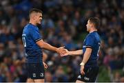 10 September 2021; Jonathan Sexton, left, and Luke McGrath of Leinster during the Bank of Ireland Pre-Season Friendly match between Leinster and Harlequins at Aviva Stadium in Dublin. Photo by Harry Murphy/Sportsfile