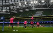10 September 2021; Leinster players practice a lineout before the Bank of Ireland Pre-Season Friendly match between Leinster and Harlequins at Aviva Stadium in Dublin. Photo by Harry Murphy/Sportsfile