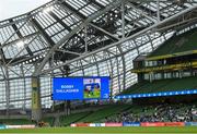 10 September 2021; The name of virtual mascot Bobby Gallagher is seen on the big screen before the Bank of Ireland Pre-Season Friendly match between Leinster and Harlequins at Aviva Stadium in Dublin. Photo by Harry Murphy/Sportsfile
