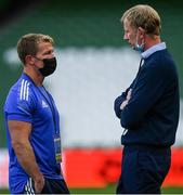 10 September 2021; Leinster head coach Leo Cullen, right, speaks with Harlequins lineout and defence coach Jerry Flannery before the Bank of Ireland Pre-Season Friendly match between Leinster and Harlequins at Aviva Stadium in Dublin. Photo by Harry Murphy/Sportsfile